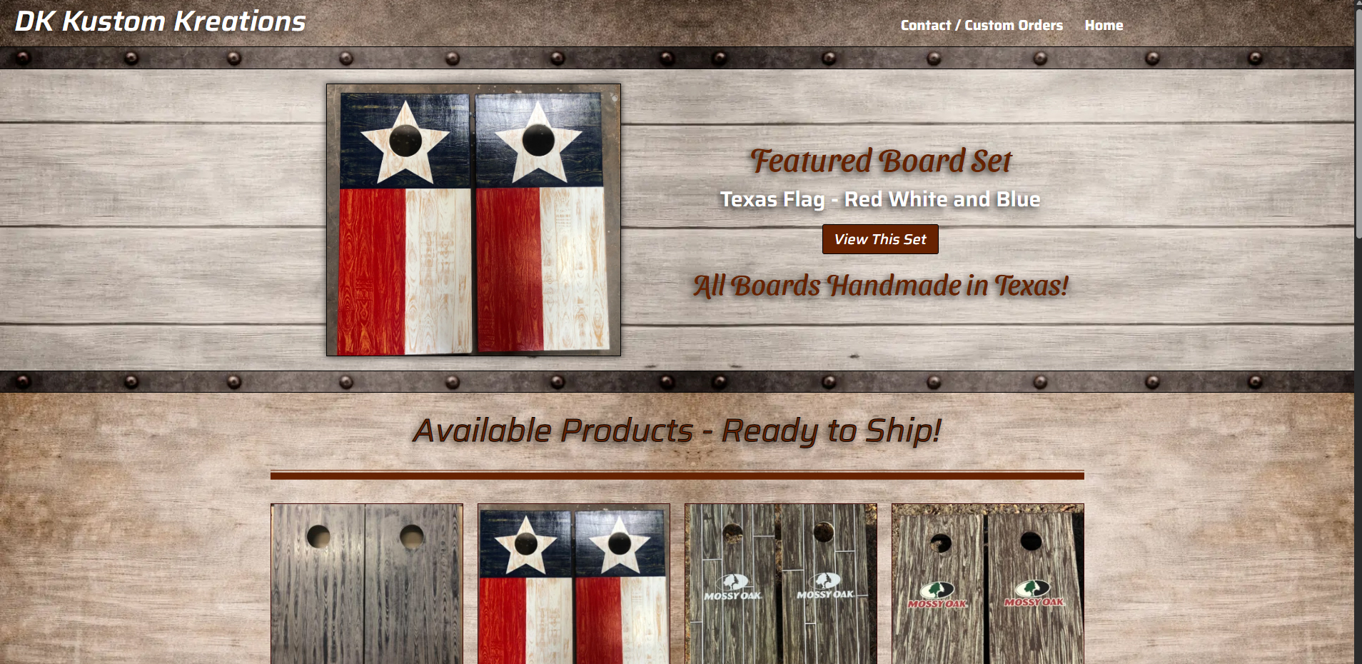 DK Kustom Kreations - Custom Woodworker Product Page. Page features a product gallery and info on placing custom orders.