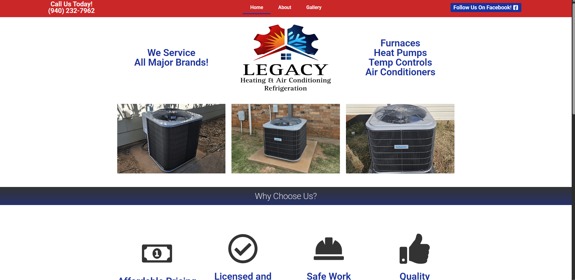 Legacy Heating & AC - Local HVAC Company. Page features company affiliation information, about the business, and a gallery of their work.