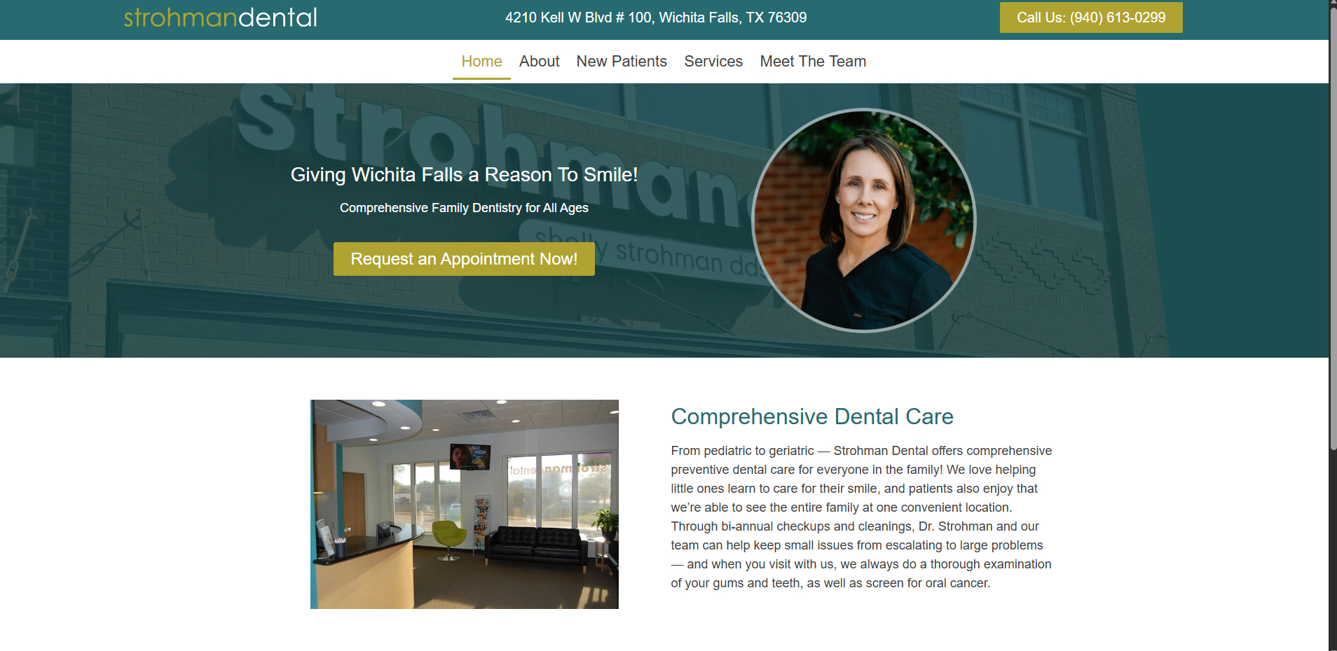Strohman Dental - Local Dental Office. Website features informational pages, new patient document downloads, and an appointment request form.