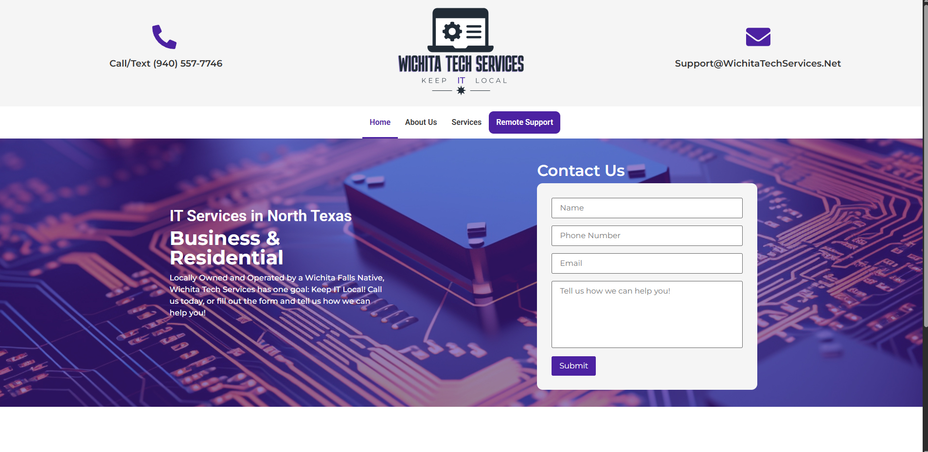 Wichita Tech Services - Small Business IT Company. Page features a contact option, about page, info on services offered, and a remote support portal that generates a link to remote support services.